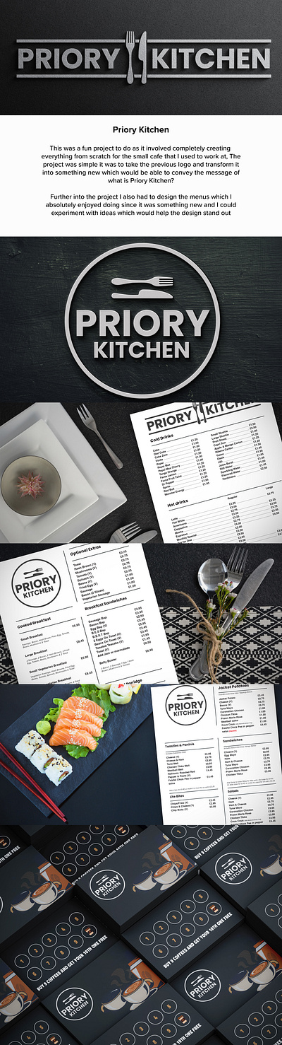 Priory Kitchen branding creative designer graphic design icon logo menus restaurant typography