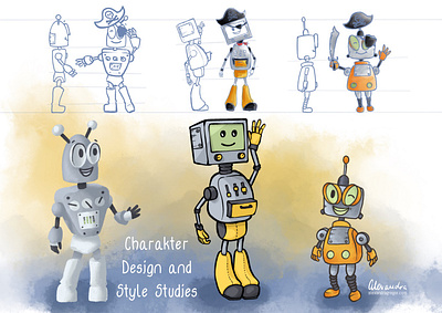 Style and Character Design Samples for a client's story adventure illustration book illustration bookdesign brontosaurus character creation character design childrens adventure childrens book illustration childrens illustration childrens story dinosaur design illustration samples robot illustration