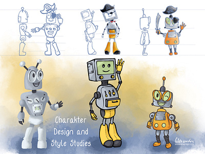 Style and Character Design Samples for a client's story adventure illustration book illustration bookdesign brontosaurus character creation character design childrens adventure childrens book illustration childrens illustration childrens story dinosaur design illustration samples robot illustration