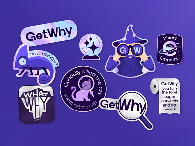GetWhy Brand Stickers brand identity branding cat chameleon crystal ball curious holographic iceberg illustration magnifying glass mirror planet print purple sticker set stickers swag vector why wizard