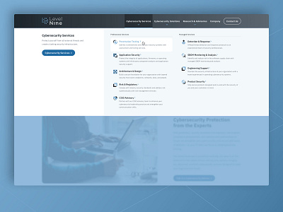 Level Nine - Website Redesign, Mega Menu blue clean columns contrast dropdown header hover icons label mega menu nav navigation overlay security simple sophisticated ui ux website