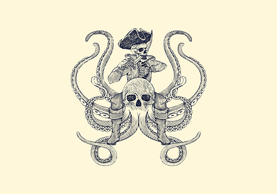 Riding Skeleton for a packaging design design engrave etching illustration label line art octopus pen and ink pirate theme skeleton vector art vintage woodcut