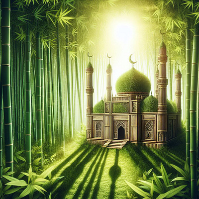 Mosque in the Bamboo Grove | Serene Harmony | tracingflock ai art architecture bamboo forest divine eid green forest harmony illustration mosque ramadan ramzan spirituality tracingflock