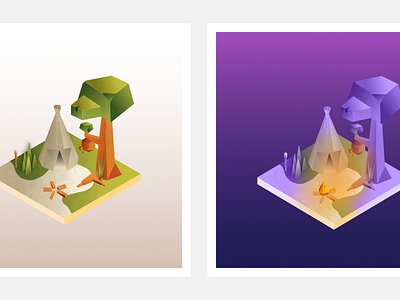 Isometric diorama 2/3 campfire diorama illustration teepee tree vector