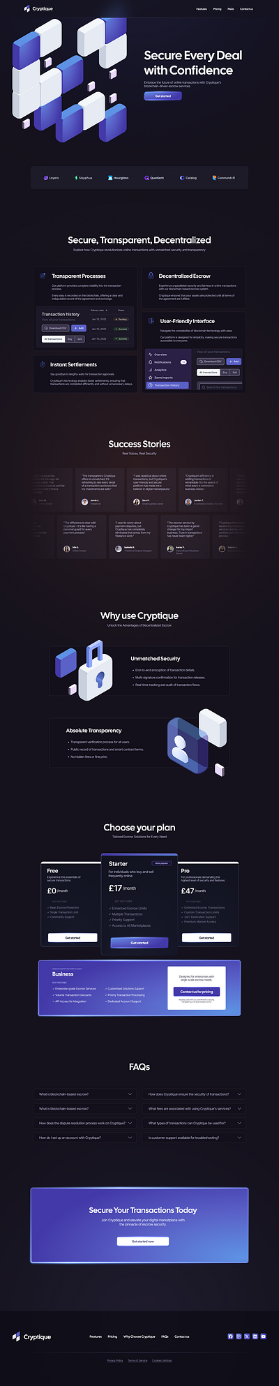 Landing page for Blockchain Escrow Service branding design illustration saas ui