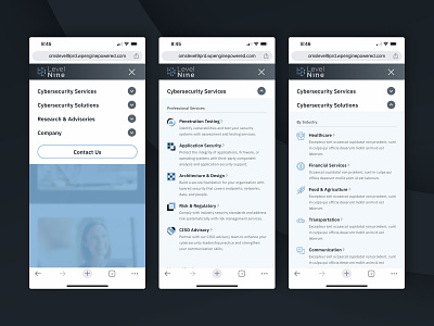 Level Nine - Website Redesign, Mobile Menu accordion blue clean collapse contrast design expand experience icons menu mobile overlay phone simple sophisticated ui user utilitarian ux