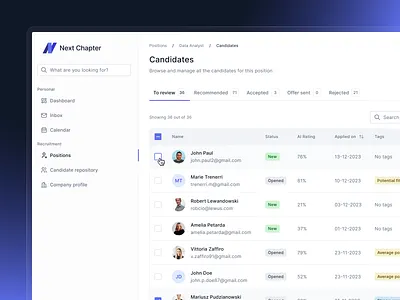 Candidates List - Talent Acquisition Web App app design hr productdesign recruitment saas sidebar table ui ux web web design webapp