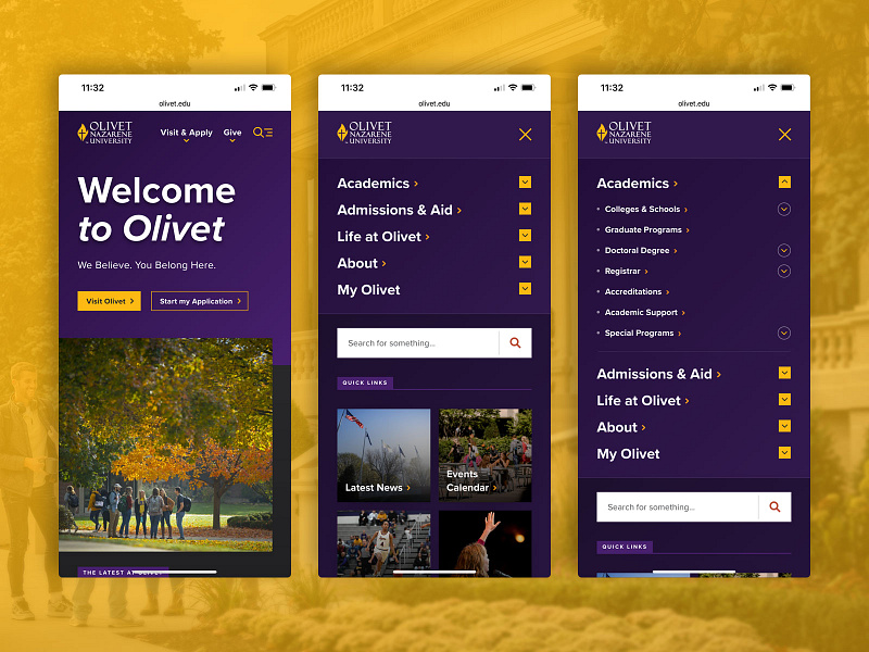 Olivet - Website Redesign, Mobile Menu button campus card clean collapse design expand gold header icons menu mobile navigation purple school search simple student university website