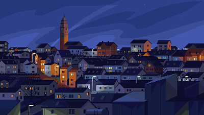 Town View 8bit bluehour cozy dusk illustration mosaic night pixelart retro town