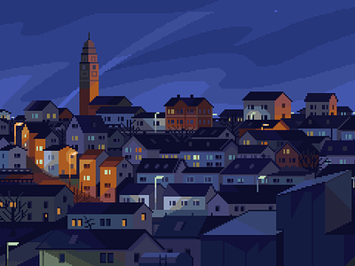 Town View 8bit bluehour cozy dusk illustration mosaic night pixelart retro town