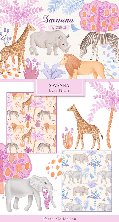 Savanna - Pastel Collection africa african animals animals children illustration clip art design elephant giraffe illustration ui