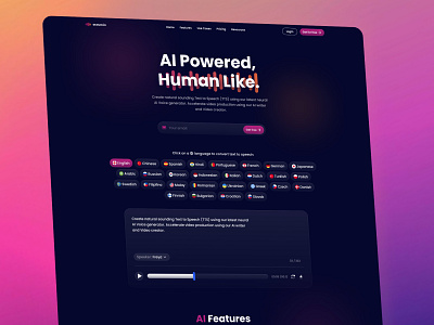 Accoust - AI Voicer Landing page / Home page ai design features saas text to speech voice web