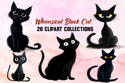 Whimsical Black Cat Clipart Bundle cat graphic design