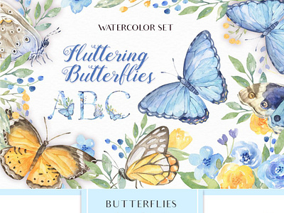 Fluttering Butterflies - Watercolor Collection alphabet butterfly butterlies clip art flowers hand drawn illustration watercolor