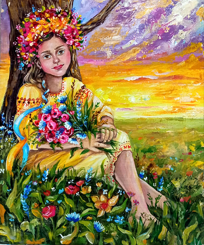 Original acrylic painting, Ukrainian Girl with Flowers, Nature art flower girl hand painted nature paint painting ukraine woman