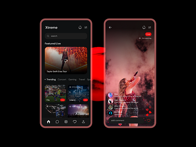 Live stream application mockup app mockup application dark like live live app live stream minimal mockup modern portrait red reels streaming streaming app ui design video