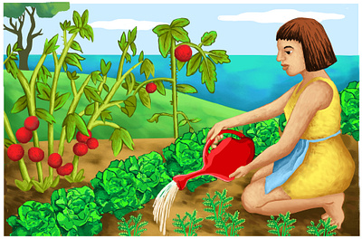 Vegetable garden and young woman illustration