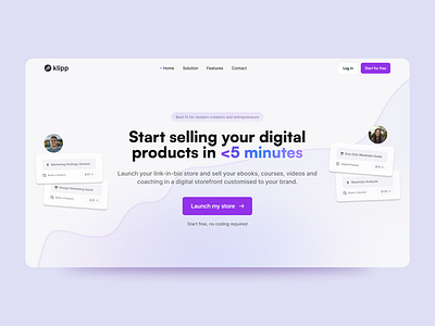 Klipp — landing page redesign card chart digital product gradient hero landing page purple title ui design user website