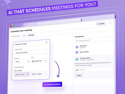 AI Meeting Scheduling Assistant: Innovative UX Design Concept ai calendar scheduler ai design 2024 ai designs ai desktop ai features ai interface ai meeting assistant ai meeting scheduling tools ai tools ai ux ai ux patterns artificial intelligence corporate management product innovative ux design examples meeting management online meeting products scheduling assistants