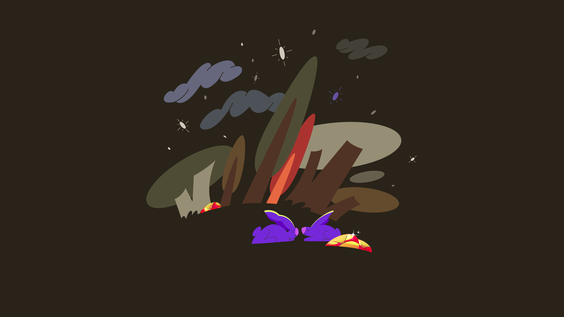 Hares in the Forest animation bushes character design flat style forest graphic design hare illustration magic mystic night rabbit stars vector