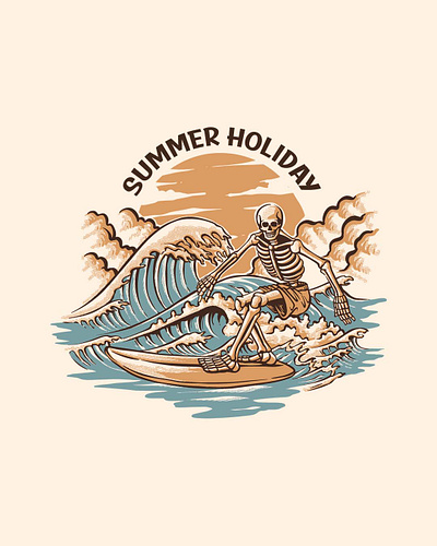 Skeleton Surfing on The Waves with Summer Vibes Holiday beach branding design graphic design illustration logo mountain nature surfboard vector
