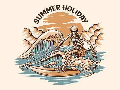 Skeleton Surfing on The Waves with Summer Vibes Holiday beach branding design graphic design illustration logo mountain nature surfboard vector