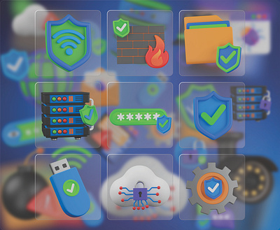 Cyber Security 3D Icon Set clouds cyber crime cyber security firewall graphic design hacker hacking icons illustration internet logo password accepted safe server scanned folder scanned usb secure cloud secure folder setting ui wifi
