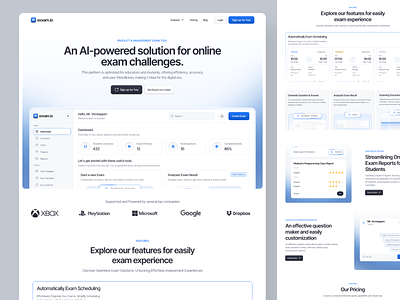 Exxam.io - AI-powered Exam Landing Page ai ai generate ai powered artificial intellegence clean document education edutech futuristic landing page management modern saas tool ui uiux ux web ai web app web design