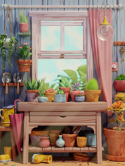 By the window 3d 3dart b3d blender cozy diorama flower garden gardening illustration modeling natural nature pastel plant render season spring stilllife window