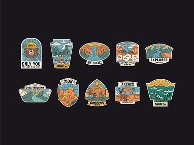 Ranger Station - Badges animal badge badges colorful geometric illustration landscape line lineart logo monoline national parks outdoors patch sticker