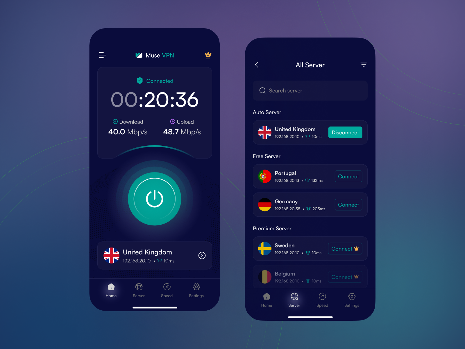 Muse VPN Mobile App Design Dark cybersecurity dark dark app dark mode internet ios app network security privacy proxy remote server secure security security app security system server social security vpn vpn app vpn app design vpn concept
