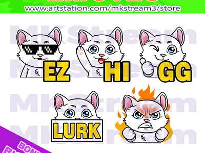 Twitch emotes cute cat lurk, hi, gg, ez & rage pack animated emotes anime cat cat emotes cool cute design emote emotes ez gg hi illustration kitty logo lurk pussy rage sub badge twitch emotes