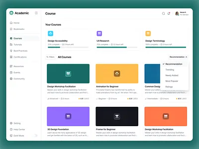 Academic - Course Dashboard clean course dashboard design education elearning learning ui ux web design website workshop