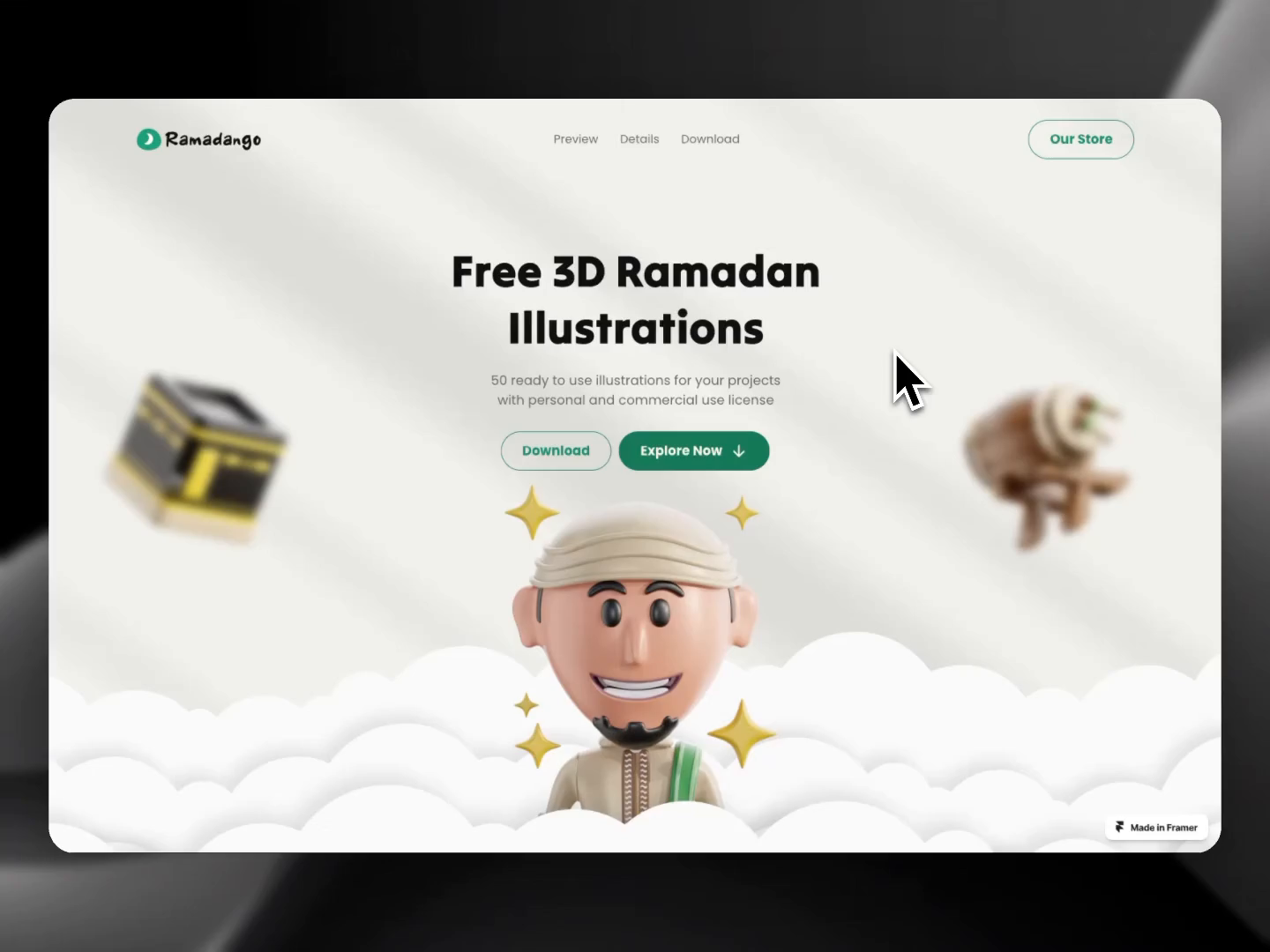 Example of 3D Ramadan Freebies (Framer Website | Ramadango 🕌)