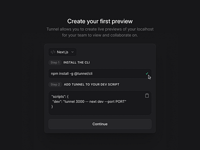 Onboarding - localhost preview screen for @TunnelHQ dark mode design system dev tools inputs localhost preview preview screen