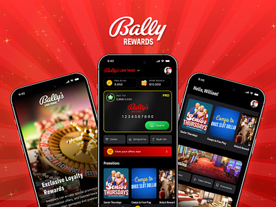 Bally Rewards Mobile App android bally card design casino dark design gambling game hotel images interactive ios mobile app mode red rewards service theme ui ux