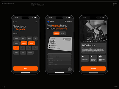 Events Mobile App colors concept dark theme design events fun interests interface ios iphone location mobile mobile app onboarding party photo schedule typography ui ux