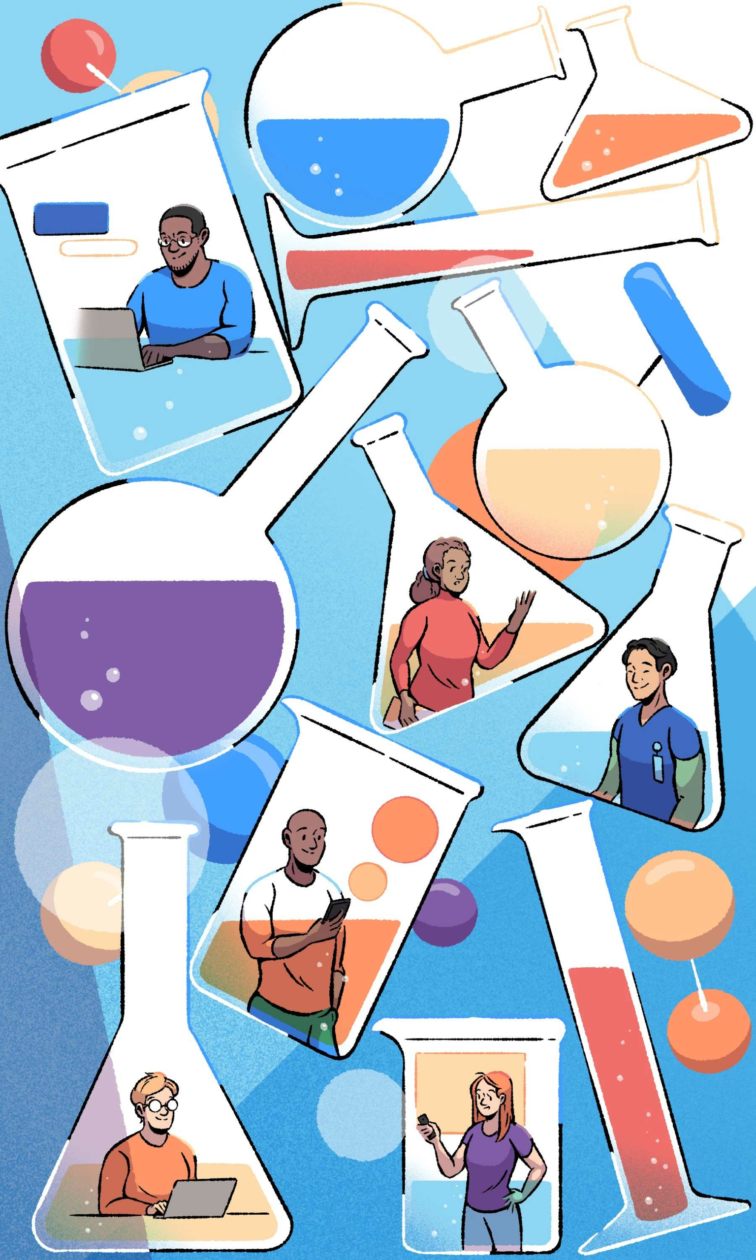 Science-based Productivity 2d character digital drawn editorial folioart illustration lab line nien ken alec lu science