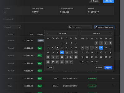 Date picker component calendar custom date range dark mode dashoard date date component date dropdown date picker date range days listing montly order listing orders view status table uiux weekly