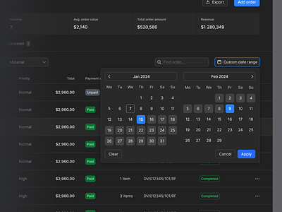 Date picker component calendar custom date range date date component date dropdown date picker date range days listing montly order listing orders view status table weekly