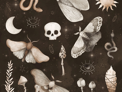 Mystical set digital digital art draw illustration magic rt moon moth mystic pattern stiker set
