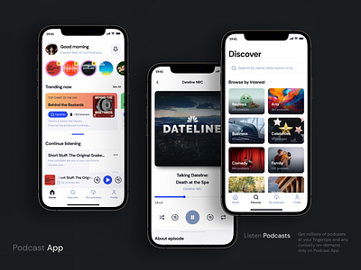 Podcast App Design app application colors dark theme dashboard design favorites ios mobile app mobile design music player podcast search state stories style guide ui ui design user interface ux