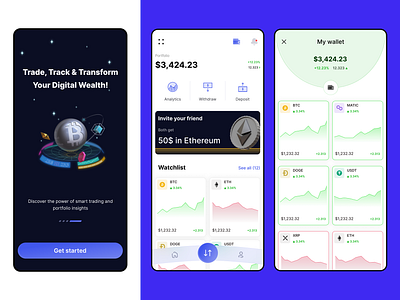Crypto Trading Mobile App analysis bitcoin buttons card crypto cryptocurrency design ethereum graph home page icons illustration mobile app navbar notification onboarding trendline ui ux wallet