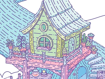 Tree House from Pond Illustration cabin cactus cartoon fantasy forest house illustration illustrator plants pond pots shingles tree vector