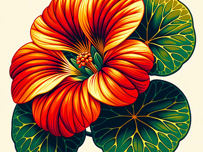 Fiery Nasturtium by Aravind Reddy Tarugu aravind art bloom botanical art colors designs floral vector garden beauty gradient detail illustrations leaf patterns nasturtium nature organic shapes reddy summer flowers tarugu vector vivid warm palette