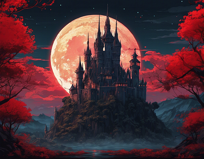 Dark castle in the moonlight