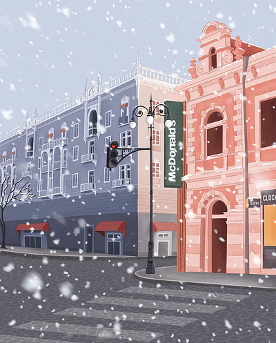 Winter Illustrations for McDonald's buildings city illustration georgia mcdonalds mcdonalds georgia snow street tbilisi winter illustration