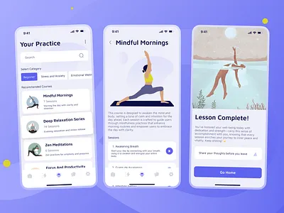 Yoga training mobile app app design article blue fitness grid illustration ios list meditation mindfulness mobile mobile app progress search sort sport training ui ux yoga