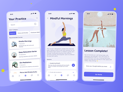 Yoga training mobile app app design article blue fitness grid illustration ios list meditation mindfulness mobile mobile app progress search sort sport training ui ux yoga