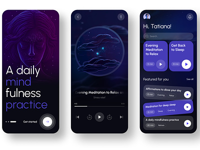 Mindful app home screen calm daily check in darktheme design figma home screen meditation mindful ux